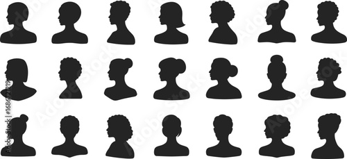 Diverse Female Silhouettes with Various Hairstyles and Headwear Keywords: female, silhouette, woman