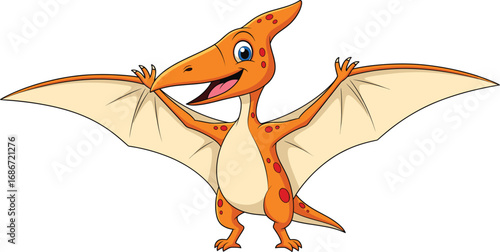 Happy cartoon pterosaur standing with wings wide open, vibrant orange prehistoric creature vector illustration perfect for children’s educational and prehistoric design themes