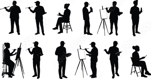 Silhouette vector of artists painting on canvas, holding brushes, sketching, seated and standing poses, art creation, creative studio scene, painter illustration, artistic activity