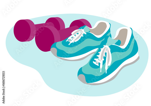 Vector illustration of sneakers and dumbbells for fitness training and healthy lifestyle