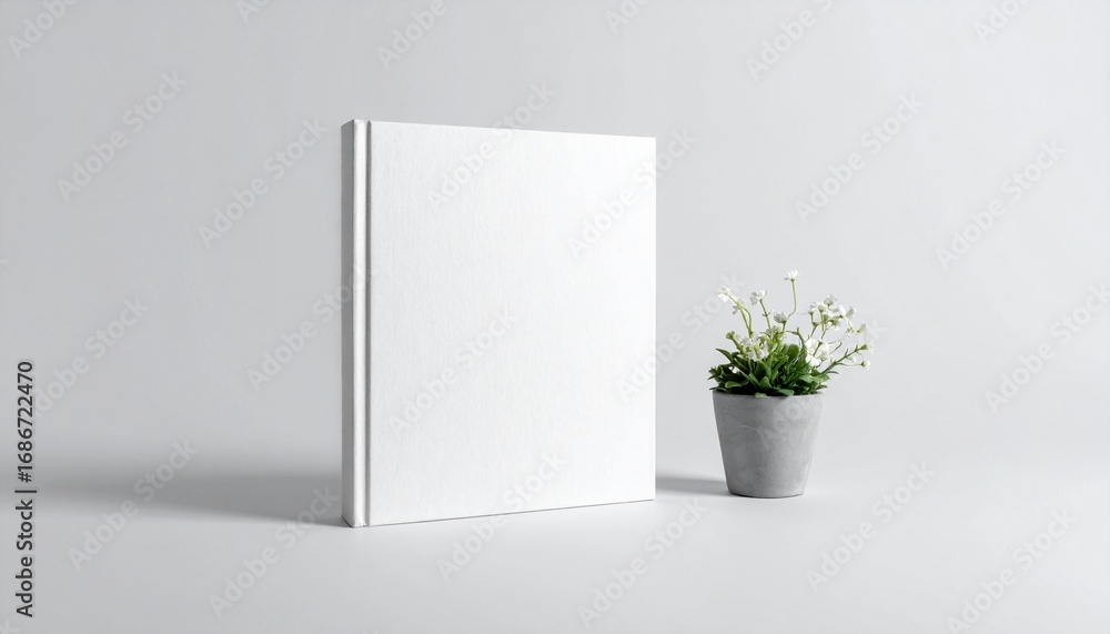 Fototapeta premium Blank white hardcover book mockup standing next to a small plant in a concrete pot.