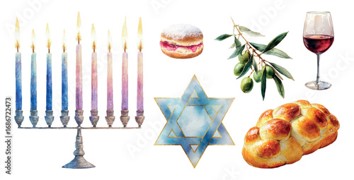 Set of watercolor Jewish symbols. Elements for Hanukkah. Jewish bread, challah, star of David, Hanukkah, sufganiya, olive branch, etc. Happy Hanukkah