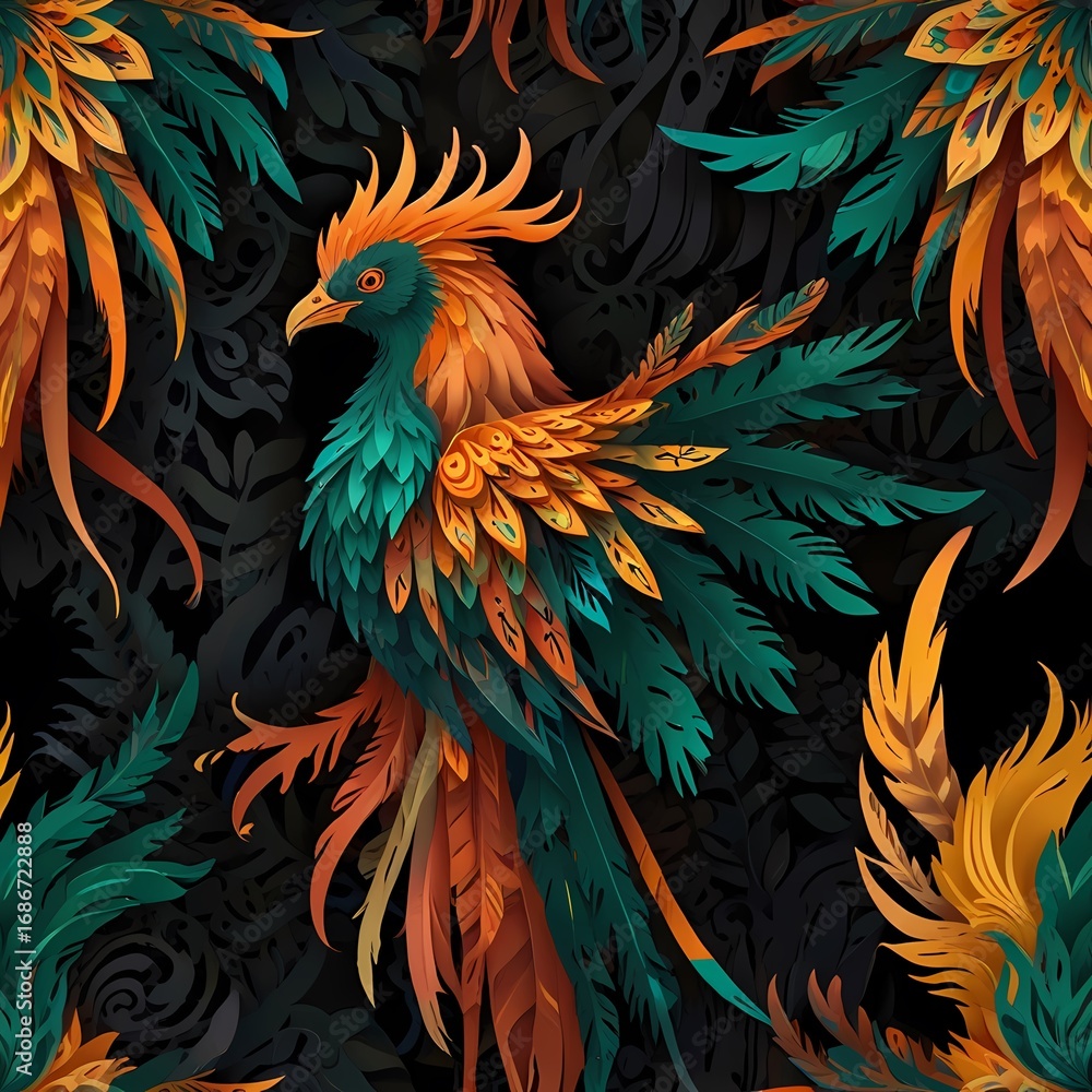 Obraz premium A papercut layered artwork of a majestic phoenix bird with emerald-green feathers, wings spread wide in flight. The bird is designed in a multi-layered papercut style, with crisp edges, shadow depth, 