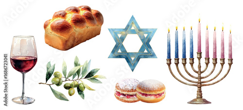 Happy Hanukkah watercolor clipart. Wine, Hanukkah, Star of David, Hali and Sufganiah. National Jewish symbols. Vector illustration.