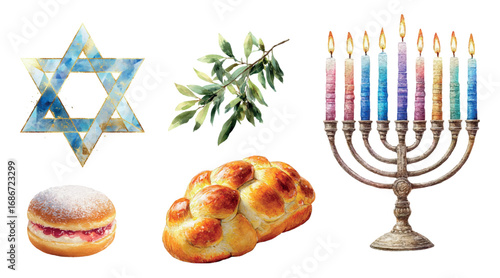 Watercolor Jewish Hanukkah elements. Hanukkah, Star of David, Hali and Sufganiah. Candle holder with candles of Jewish culture. Vector illustration.