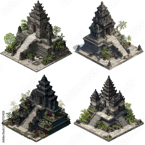 Isometric illustrations of ancient stone temples with stairs and greenery, perfect for cultural heritage, archaeology, historical design, and architecture projects.