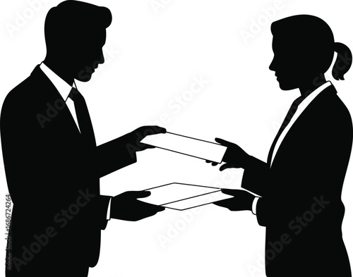 Business people exchanging documents woman suit
