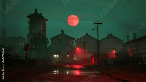 Red Moon Eerie industrial landscape under a blood moon with glowing red lights reflecting on wet streets, creating a mysterious and atmospheric scene