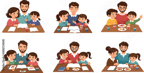 Happy family studying and eating together, parents helping kids with homework, learning moments, quality time, education, parenting, meal bonding.