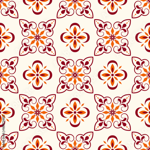 Vintage Thai Inspired Seamless Floral Geometric Pattern, Decorative Tile Background for Textile and Digital Paper