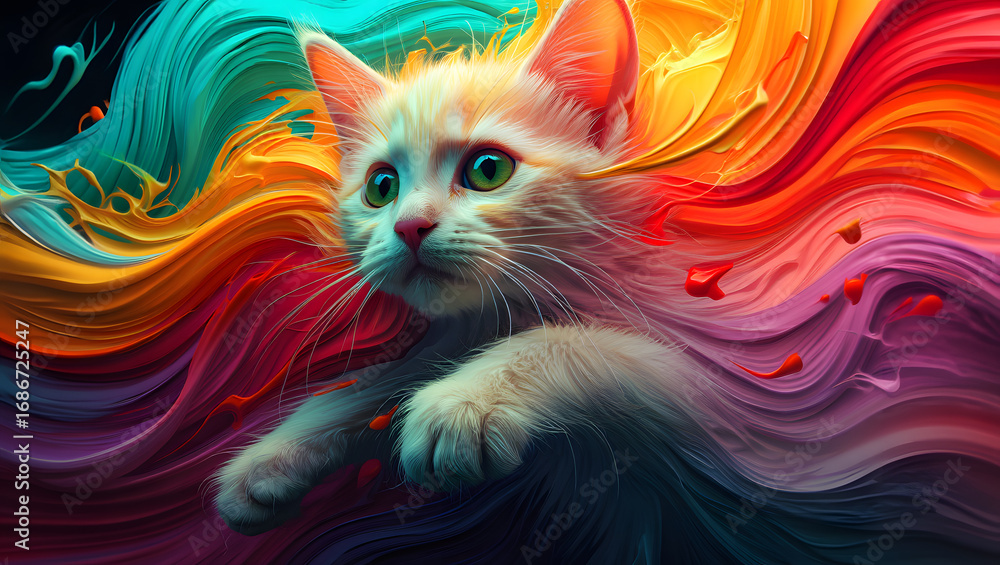 Fototapeta Whimsical Kitten Emerging from Vibrant Rainbow Paint Swirls: Artistic, Playful, and Dreamlike Digital Art