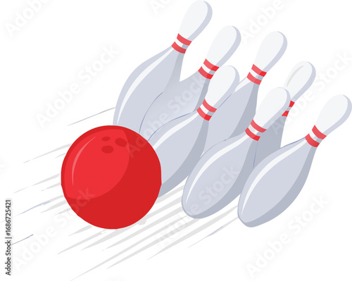 Red bowling ball hitting pins isolated on white background, a strike in bowling alley, sport competition