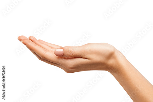A woman's open hand, palm up, presented in profile view.  The hand and forearm are smooth and pale, with light pink nail polish