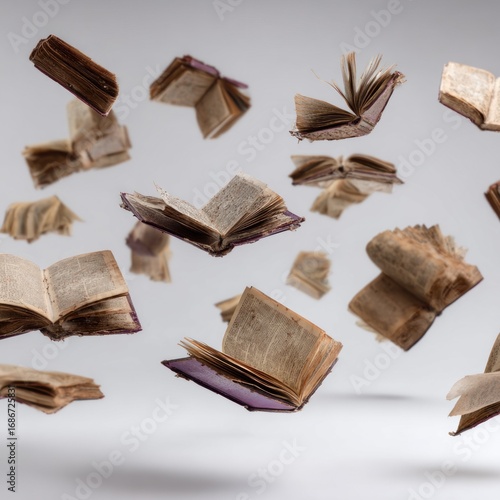 Numerous vintage books, open, float against a light grey backdrop, creating a dynamic, literary scene; pages weathered, suggesting age and use