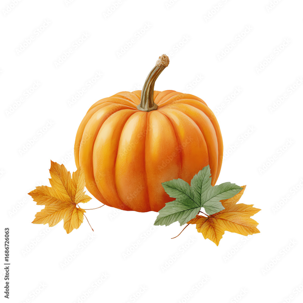 Naklejka premium Harvest Pumpkin and Fallen Leaves: A vibrant, ripe pumpkin rests with an array of fallen leaves, embodying the spirit of autumn harvest.