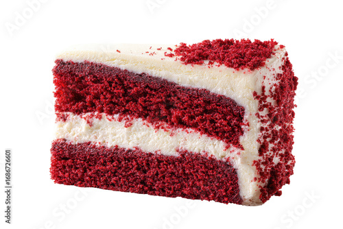 A close-up, isolated slice of red velvet cake.  Layers of rich red cake are visible, separated by creamy white frosting.  The texture of the cake appears moist and crumbly