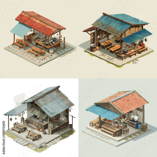 Isometric rural street food stalls with wooden roofs and cooking spaces, ideal for cultural heritage, culinary projects, and lifestyle illustrations.