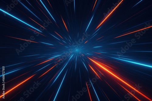 Abstract Light Trails: Dynamic lines of blue and orange light radiate outwards, conveying a sense of speed, motion, and futuristic energy in this stunning visual
