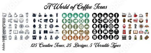 Collection of Coffee Icons Featuring Drinks, Desserts, and Accessories in Different Styles and Creative Designs for Cafe Concepts