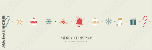 Elegant christmas and new year banner with festive minimalist icons and holiday greetings.