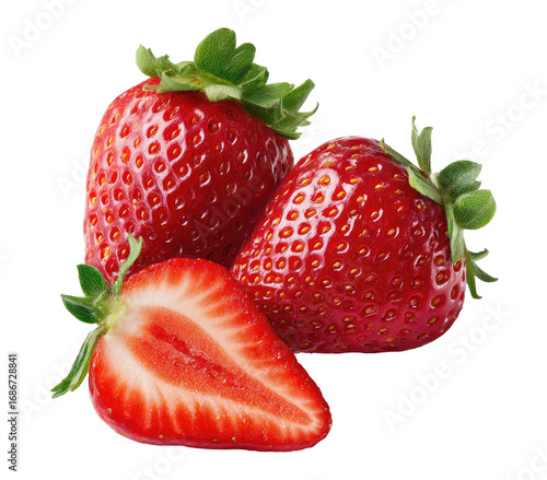 Three fresh, vibrant red strawberries, one sliced in half,  against a black background