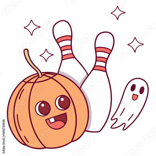 Cute halloween bowling theme isolated on white background featuring a pumpkin, ghost, and bowling pins