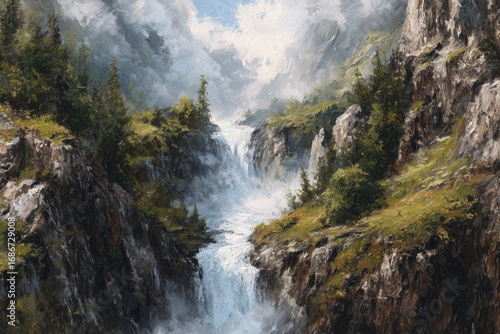 A powerful cascade of water tumbles over rocks in a national park, a pristine mountain landscape.