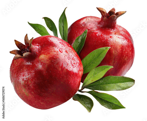 Two vibrant pomegranates with leaves