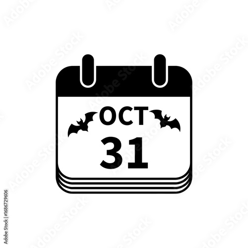 Black and white calendar icon showing october thirty first with bats. vector calendar icon