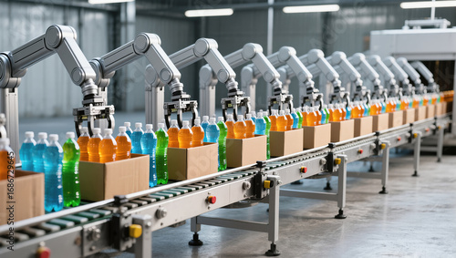 Automated beverage bottling process in modern industrial facility.