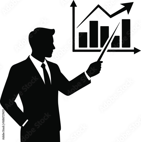 Man pointing at rising graph silhouette suit