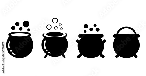 Silhouetted witch cauldrons with bubbling potions and steam