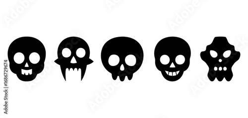 A collection of five distinct black skull illustrations on a white background