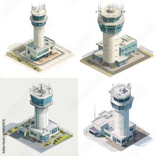Isometric illustrations of airport control towers with detailed modern architecture, perfect for aviation design, infographics, and infrastructure projects.