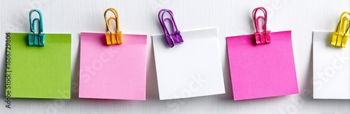 Five colorful sticky notes, attached with matching paper clips, are arranged against a white background, creating a bright, organized, and inviting scene
