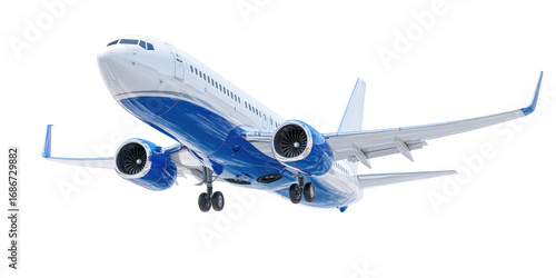Modern passenger jet in flight, white and blue