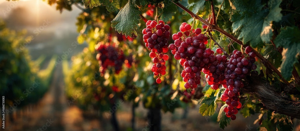 Fototapeta premium Close-up of ripe red grapes on a vine in a vineyard at sunset, with rows receding in distance
