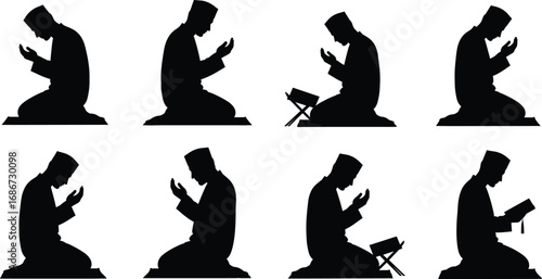 Muslim man praying silhouette set, Islamic worship vector illustration, Quran reading poses, spiritual devotion, religious prayer, faith in Islam