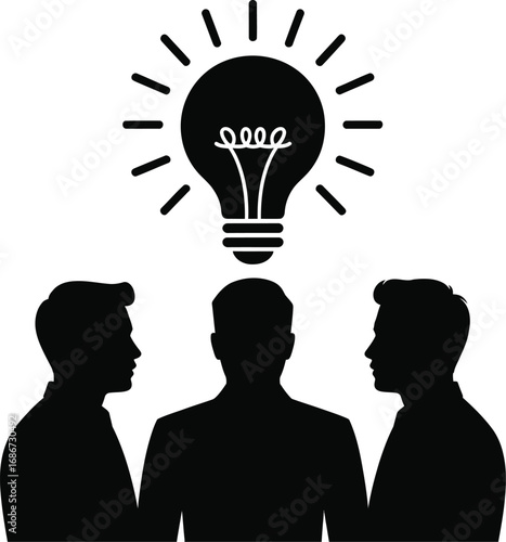 People brainstorming under glowing idea bulb silhouettes