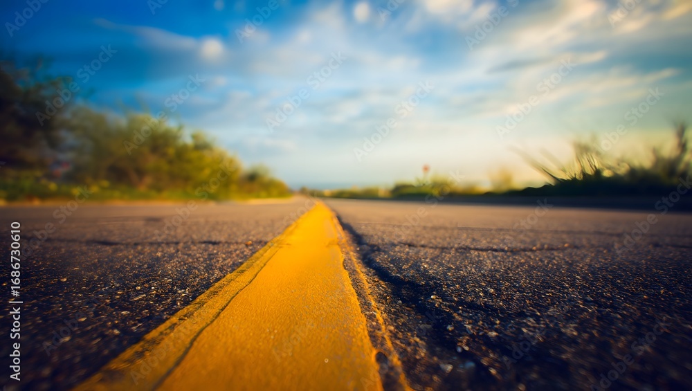 Naklejka premium Closeup of road with yellow line leading into the distance