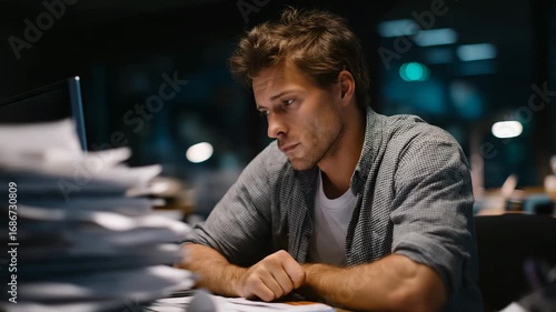 Man in wrinkled shirt leaning forward at messy desk, exhaling frustration while staring at chaotic pile of documents and financial reports, clenched fists, tense shoulders, dim office lighting