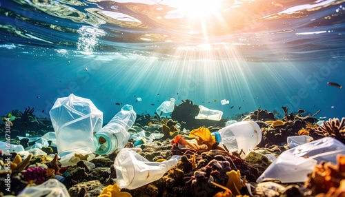 Underwater View of Ocean Plastic Pollution and Coral Reef