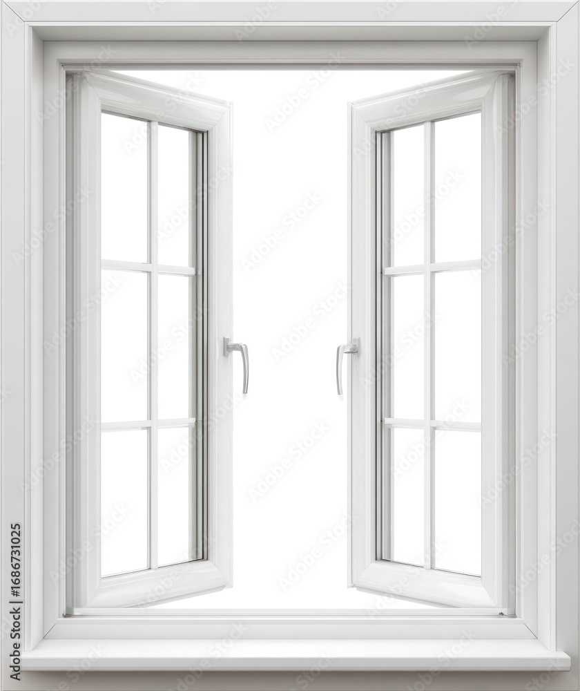 Fototapeta premium Open white-framed window with six panes on each side, revealing a bright, empty view through its aperture. Clean lines and crisp presentation