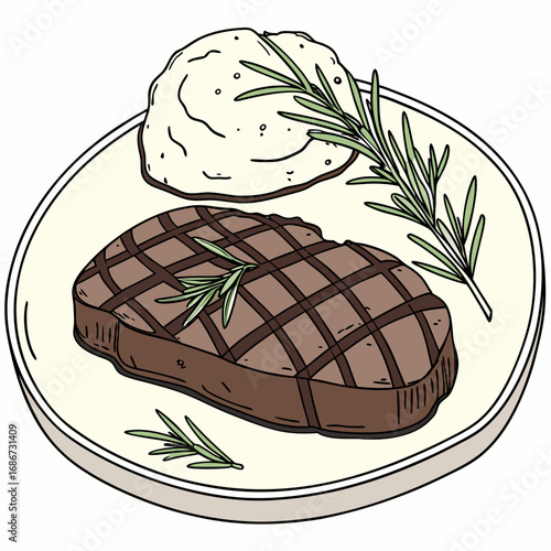 Vector art of grilled steak with mashed potato