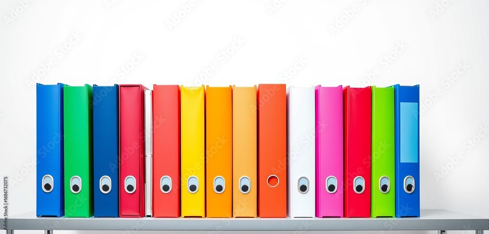 Obraz premium Neatly arranged vibrant office binders on white backdrop, color, system
