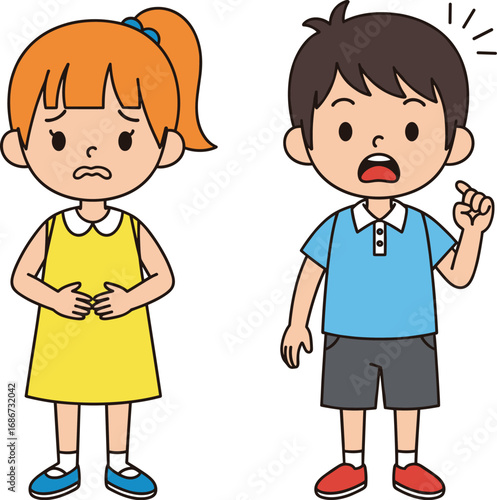 Sad girl and worried boy expressing emotions, standing together, kids showing concern and discomfort, children illustration for emotional awareness.