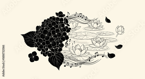 Artistic Fusion of Dark Hydrangea and Musical Water Lilies.