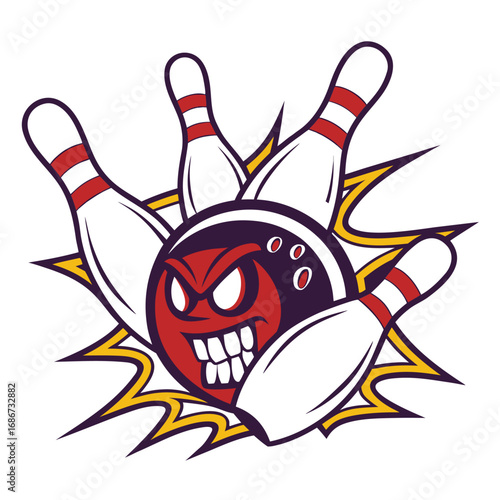 Angry bowling ball cartoon character crashing into pins isolated on white background