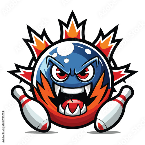 Aggressive bowling ball vampire cartoon character with pins isolated on white background