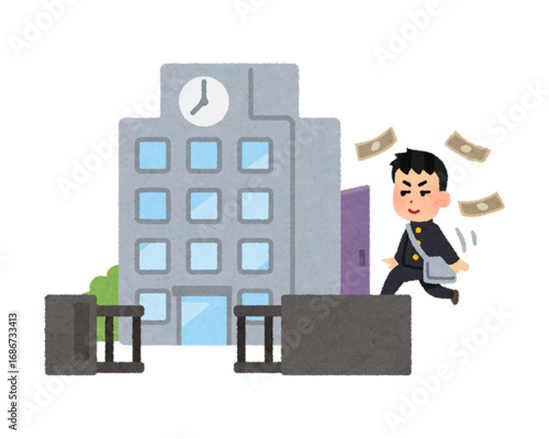 A joyful male student in a uniform running from a school building with flying banknotes, a concept for educational expenses or scholarship
